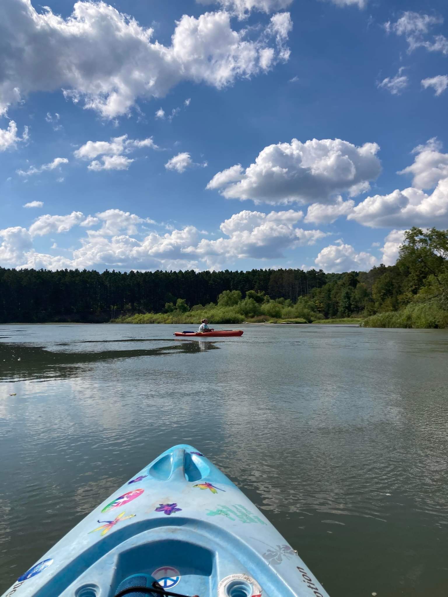 Un fiume tranquillo con kayak, una sponda alberata e un cielo parzialmente nuvoloso.