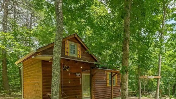 Un chalet rustique doté d’un porche, entouré d’arbres.