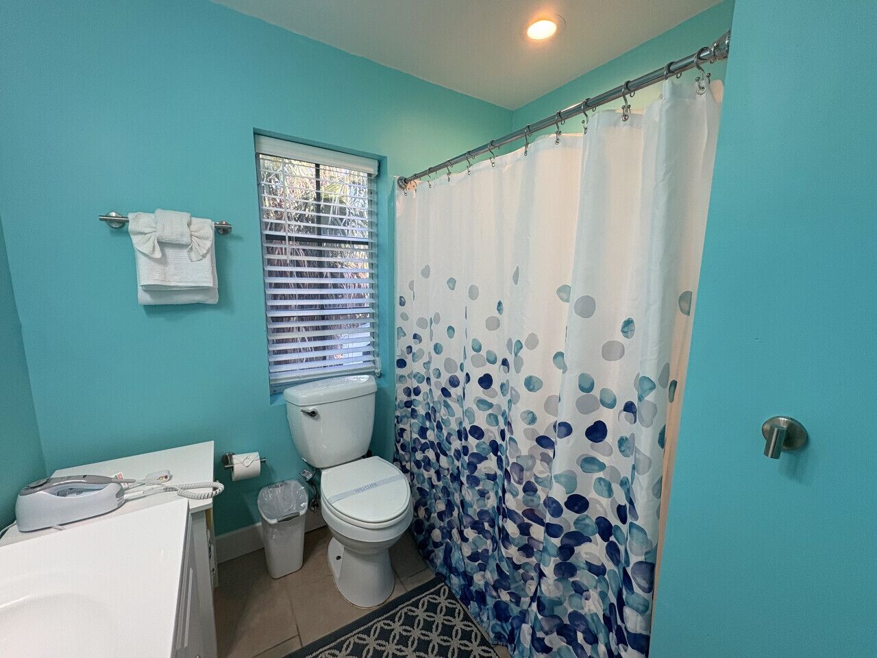 Une salle de bain équipée de toilettes, d’un bidet, d’un rideau de douche aux motifs bleus et blancs, et d’une fenêtre avec des stores.