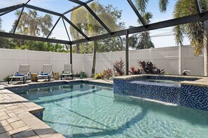 Outdoor pool, a heated pool, pool loungers