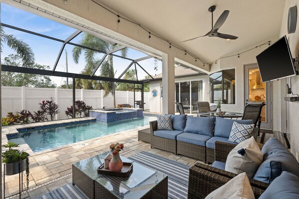 Outdoor pool, a heated pool, pool loungers