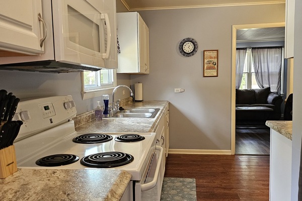 Full-sized fridge, microwave, oven, dishwasher