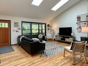 Smart TV, chimenea, reproductor de DVD y libros