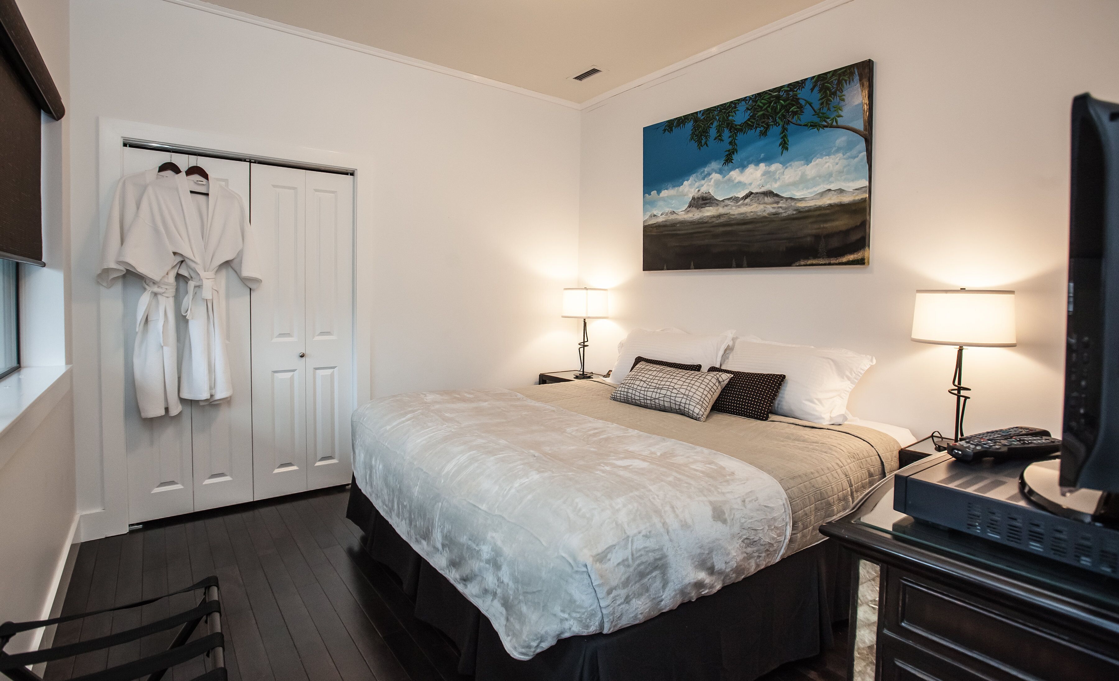 A hotel room with a bed, two bedside lamps, a painting on the wall, a TV, and a wardrobe with hanging robes.