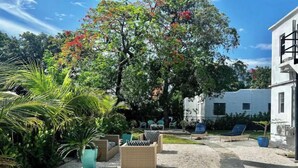 A courtyard with outdoor seating, a large tree, and a white building. - 2 Seasons-4 Bedroom 2 Baths - 2Separate Apartments (Miami)