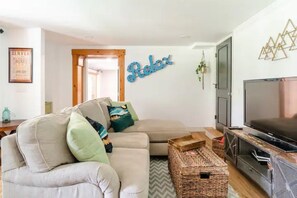 Smart TV, fireplace, DVD player, books