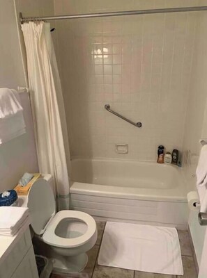 Combined shower/bathtub, hair dryer