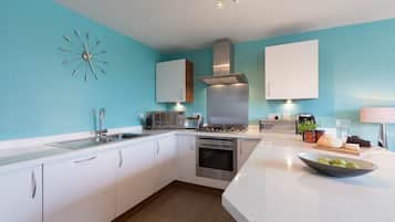 Fridge, dishwasher, electric kettle, cookware/dishes/utensils
