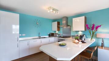 Fridge, dishwasher, electric kettle, cookware/dishes/utensils