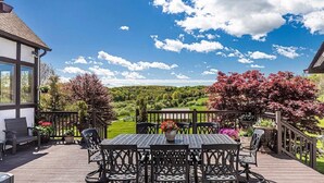 A deck with a table and chairs, surrounded by potted plants and a view of a green landscape.
