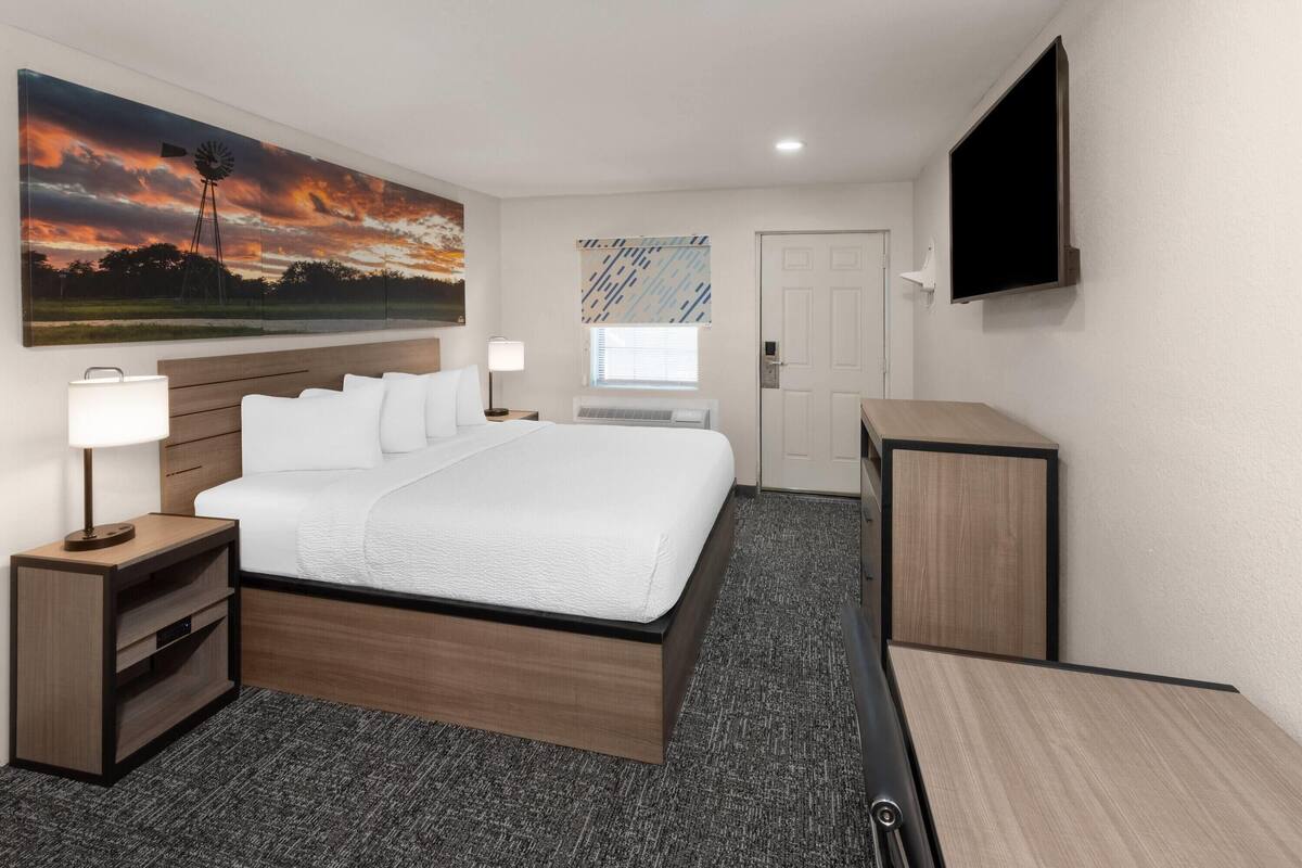 A hotel room with a large bed, bedside tables, a flat-screen TV, a window with blinds, and a painting of a windmill.