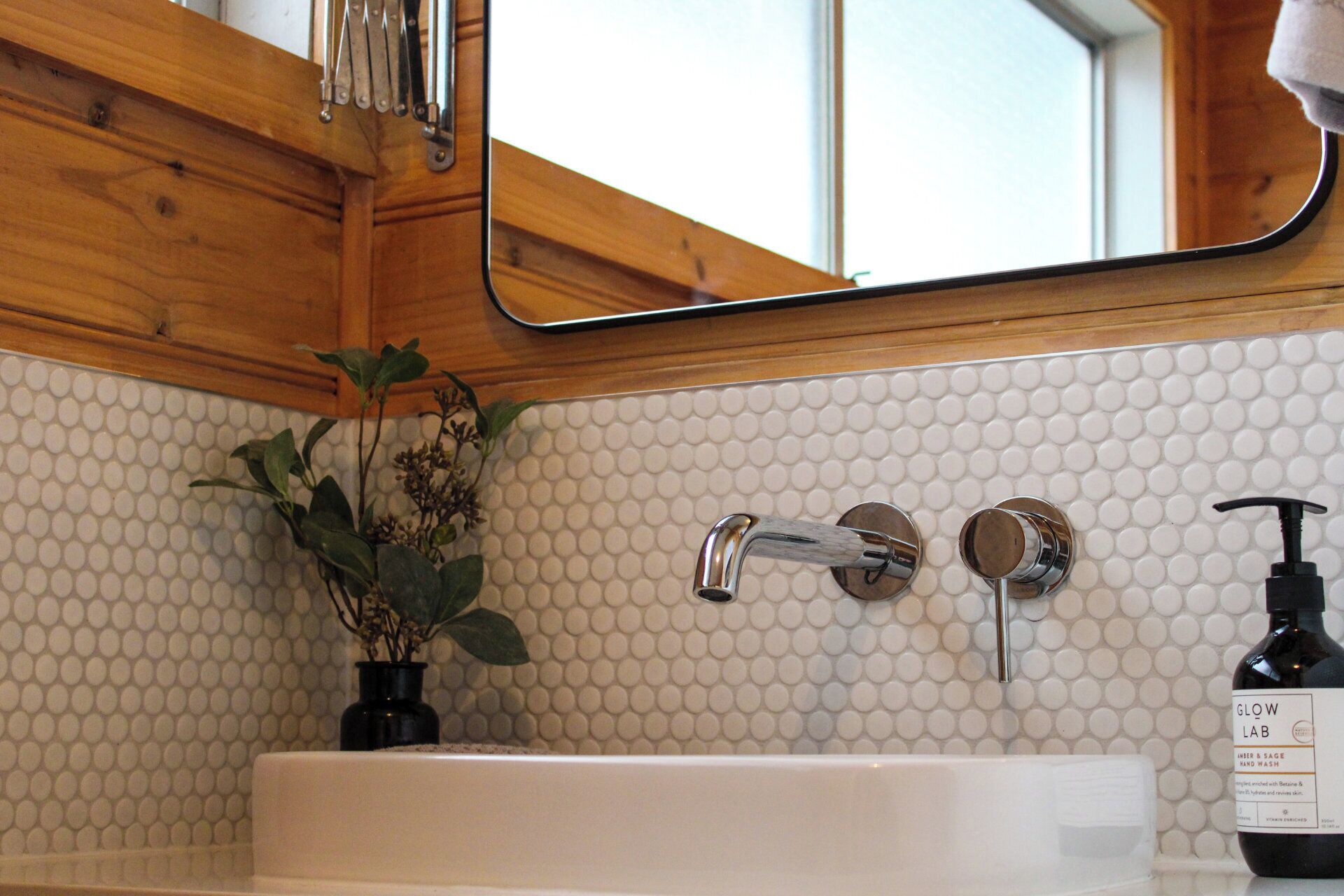 A bathroom with a white sink, a mirror above it, and a plant on the left.