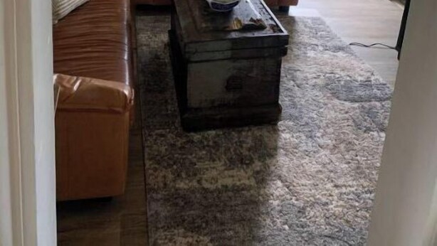 Uma sala de estar com um sofá de couro marrom, uma mesa de centro e um lustre.