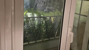 Vista desde una ventana con barandilla de metal, que da a un edificio de arquitectura clásica, posiblemente un sitio histórico o museo.