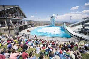 Una piscina con una gran audiencia sentada sobre el césped.