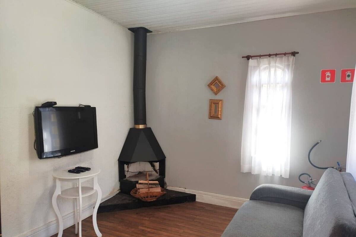 Un salon avec une cheminée, un téléviseur et un canapé.