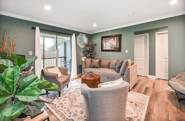 Smart TV, fireplace, books, offices