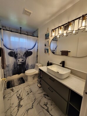 Combined shower/bathtub, hair dryer, towels, soap - Modern 3BR House near Downton Austin (Austin)