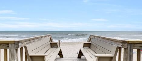 On the beach, sun-loungers, beach towels