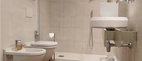 Shower, hair dryer, bidet, towels