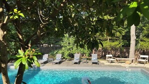 A swimming pool with lounge chairs and a swan float. - Sparkling East Hampton Oasis 3 bed 2 bath w/heated pool. Pets Welcome! (East Hampton)