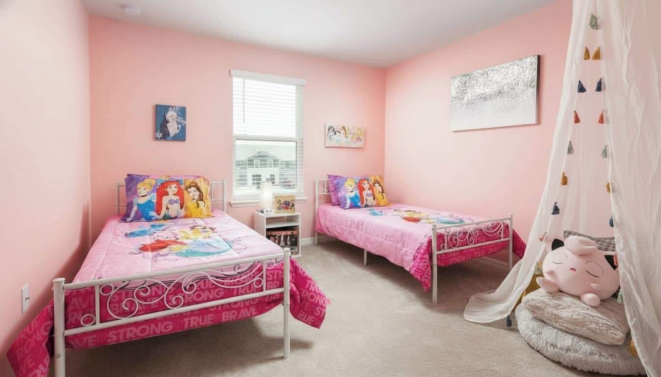 A pink-themed bedroom with two beds, a window, and a small table.