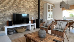 A modern living room with a stone wall, a fireplace, wicker furniture, and a television. - Mas Midó. Masia Restaurada en Delta del Ebro (Sant Jaume d'Enveja)