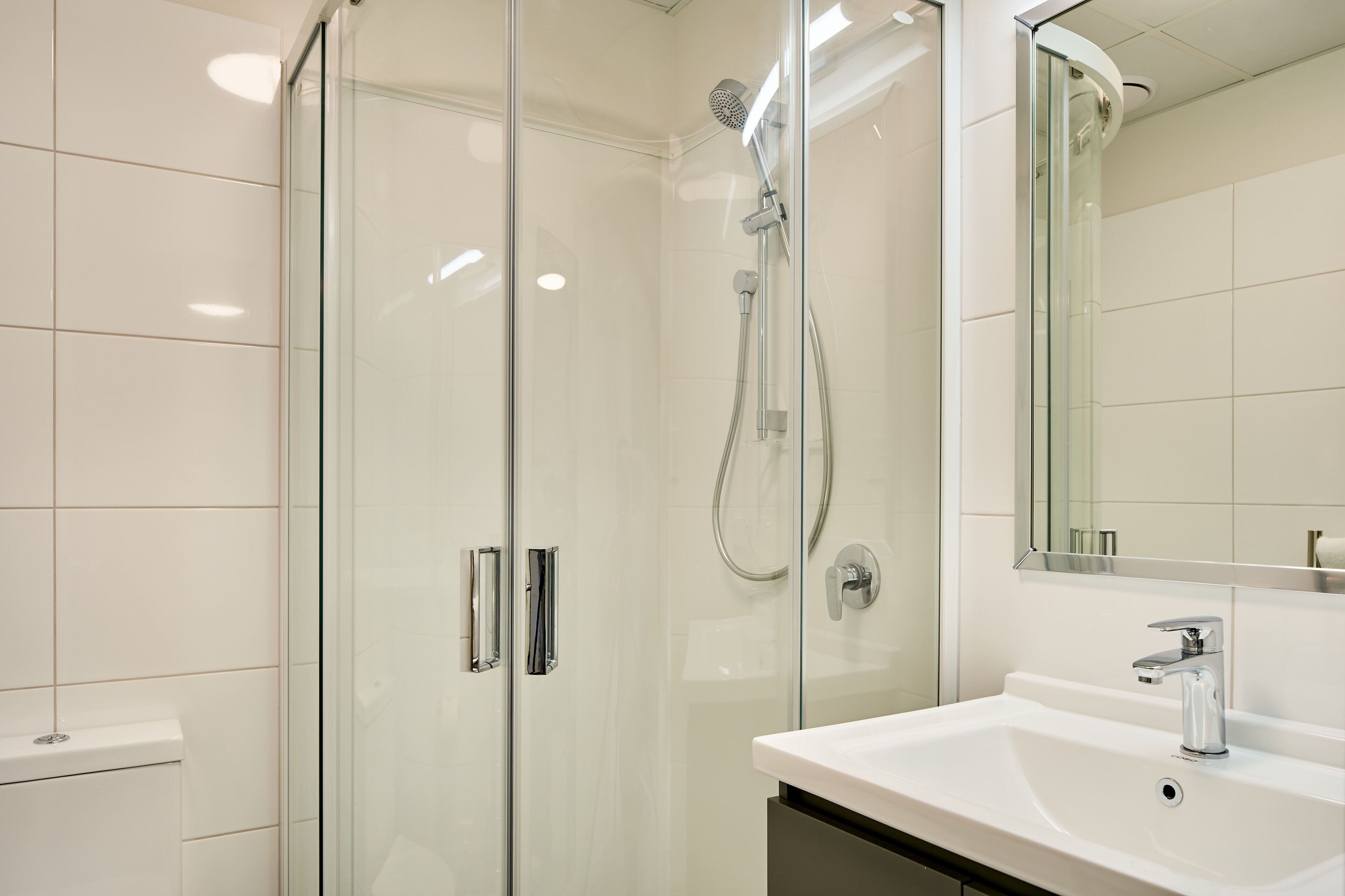 A modern bathroom with a glass-enclosed shower, a white sink, and a mirror above the sink.