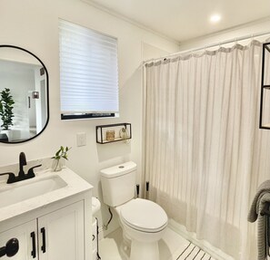 Combined shower/tub, towels, soap, toilet paper