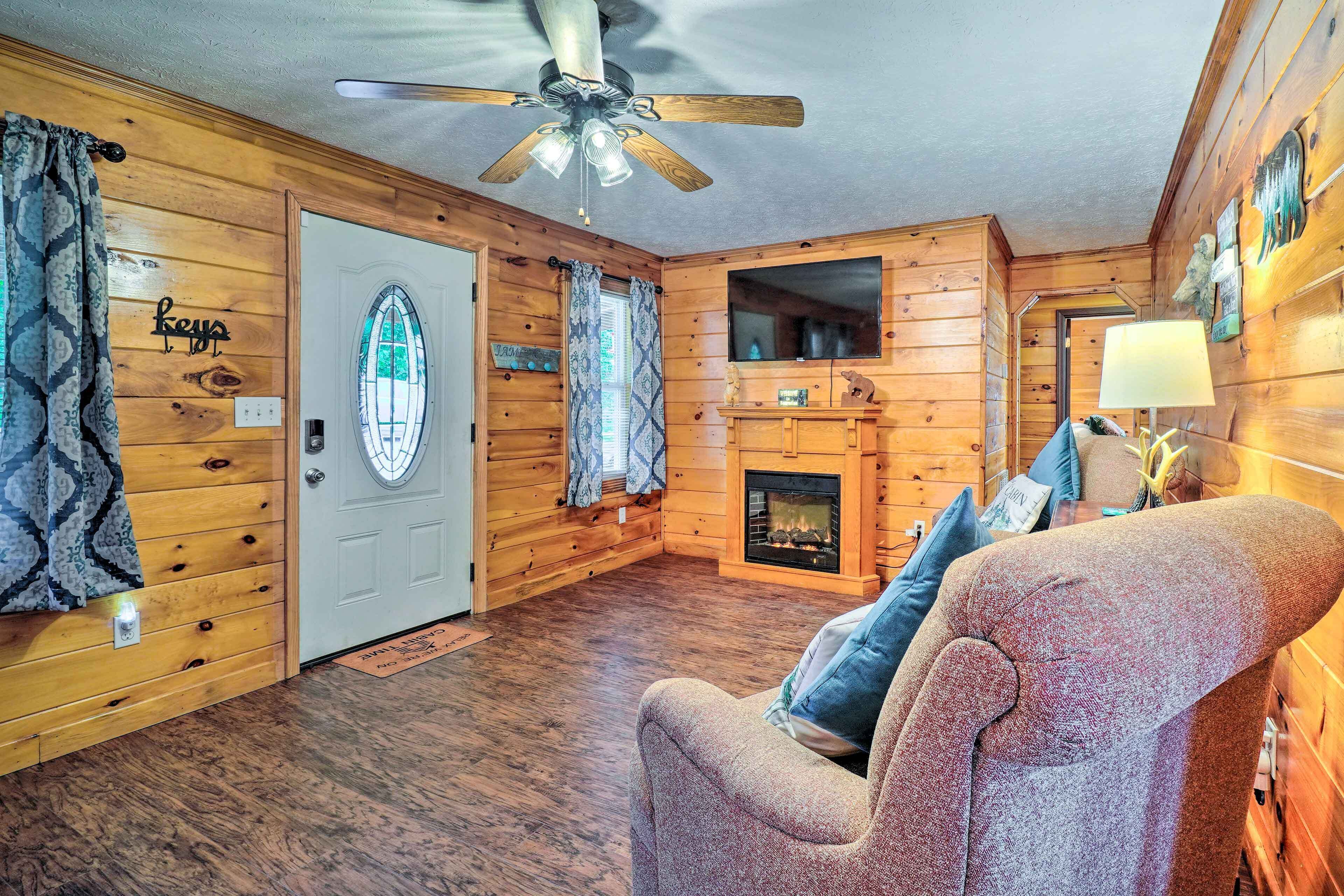 TV, fireplace, music library