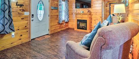 TV, fireplace, music library