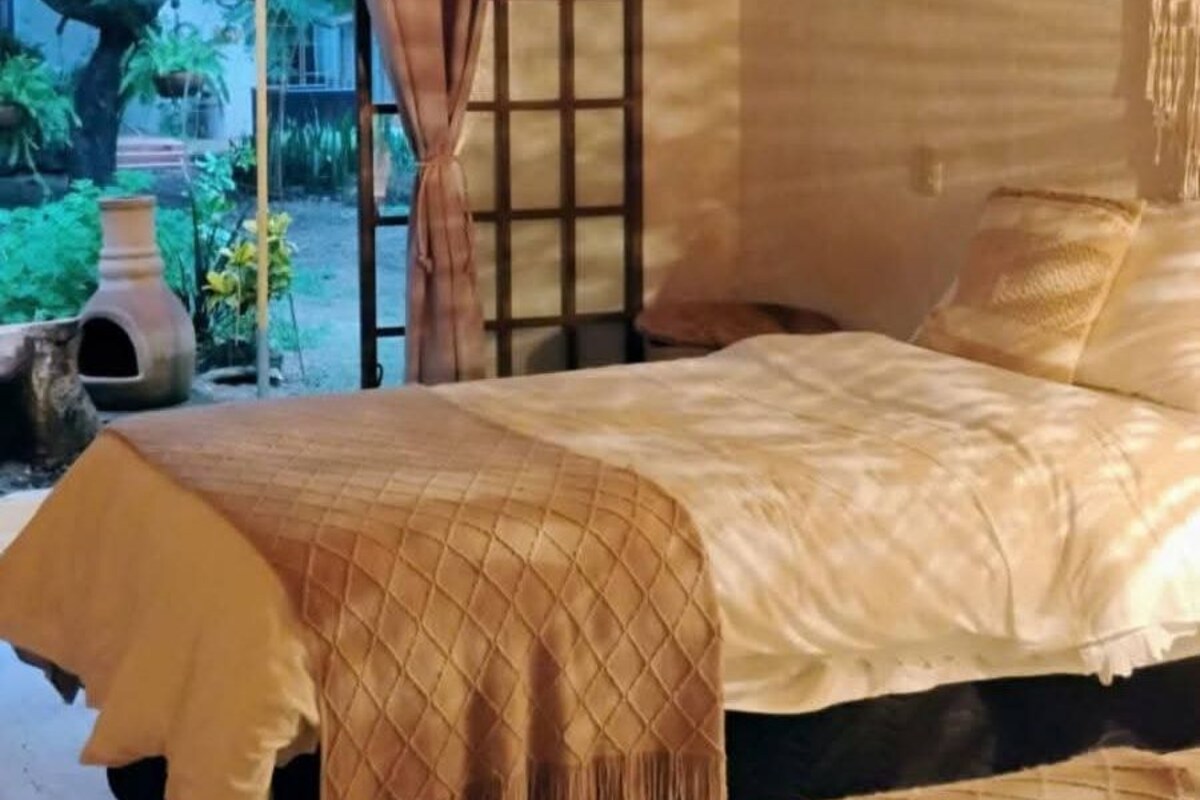Una habitación con una cama cubierta por una colcha estampada, una ventana que da a zonas verdes y una puerta con diseño de rejilla.