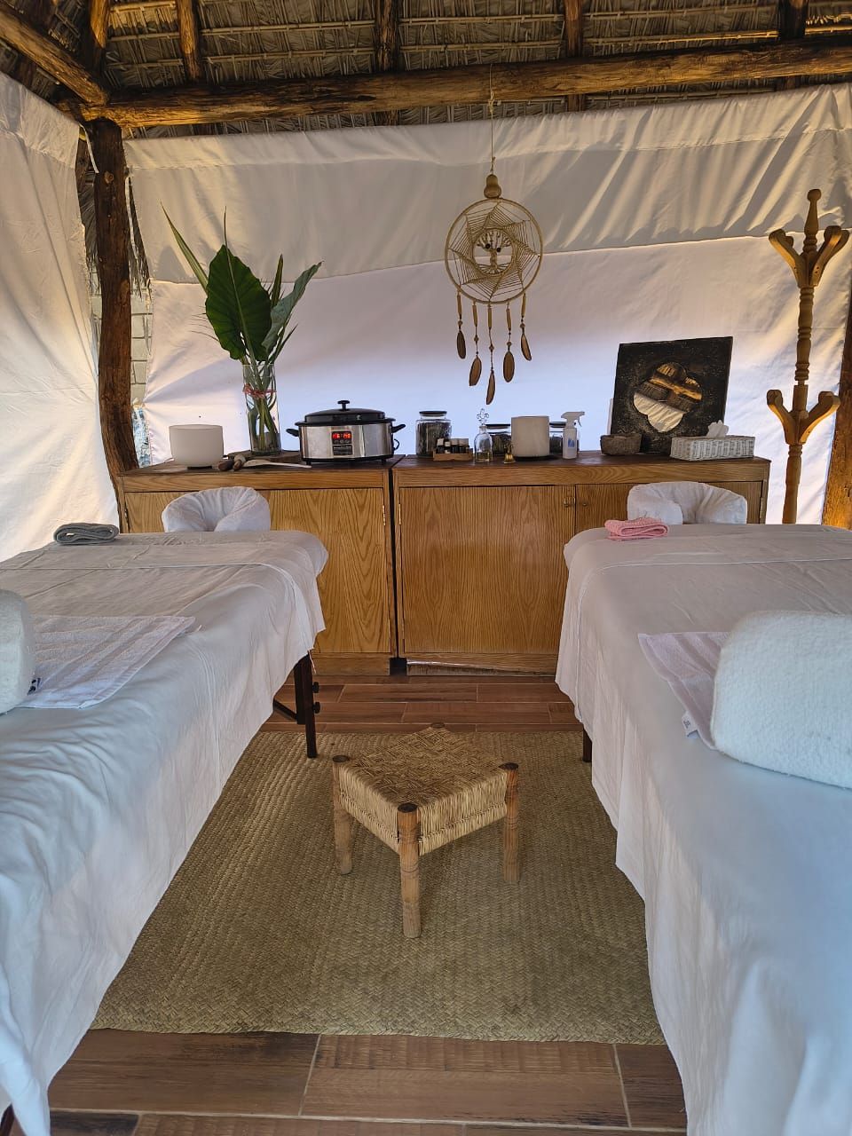 A cozy room with two beds, a small table with a plant, a dreamcatcher, and a painting.