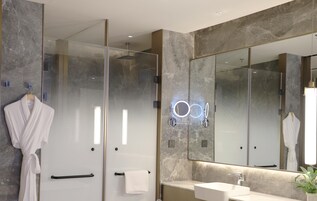 Un baño moderno con ducha de vidrio, un espejo grande y un lavabo blanco.