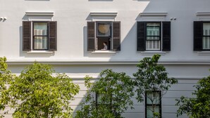 Un bâtiment doté de nombreuses fenêtres, dont certaines sont équipées de volets, et on peut apercevoir une personne à travers l’une de ces fenêtres.