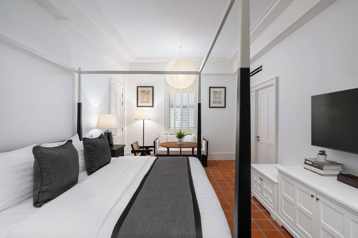 Une chambre d’hôtel avec un lit, des tables de chevet, une lampe, une chaise, une petite table avec une plante et un téléviseur posé sur un meuble.