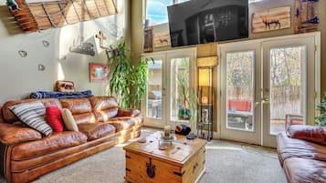 Een flatscreentelevisie, een open haard, boeken en een computerscherm