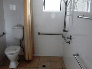 Een kleine, schone badkamer met toilet, een douchegedeelte met een handgreep en een raam.