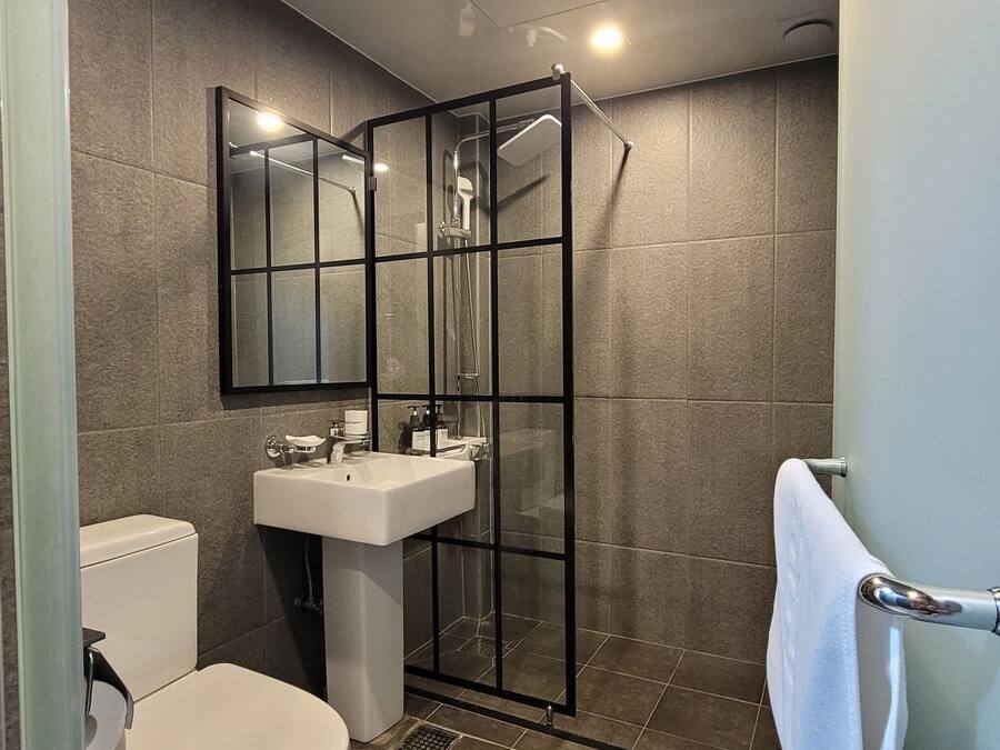A modern bathroom with a glass shower enclosure, a white toilet, and a sink with a mirror above it.