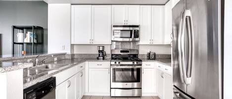 Fridge, microwave, oven, dishwasher