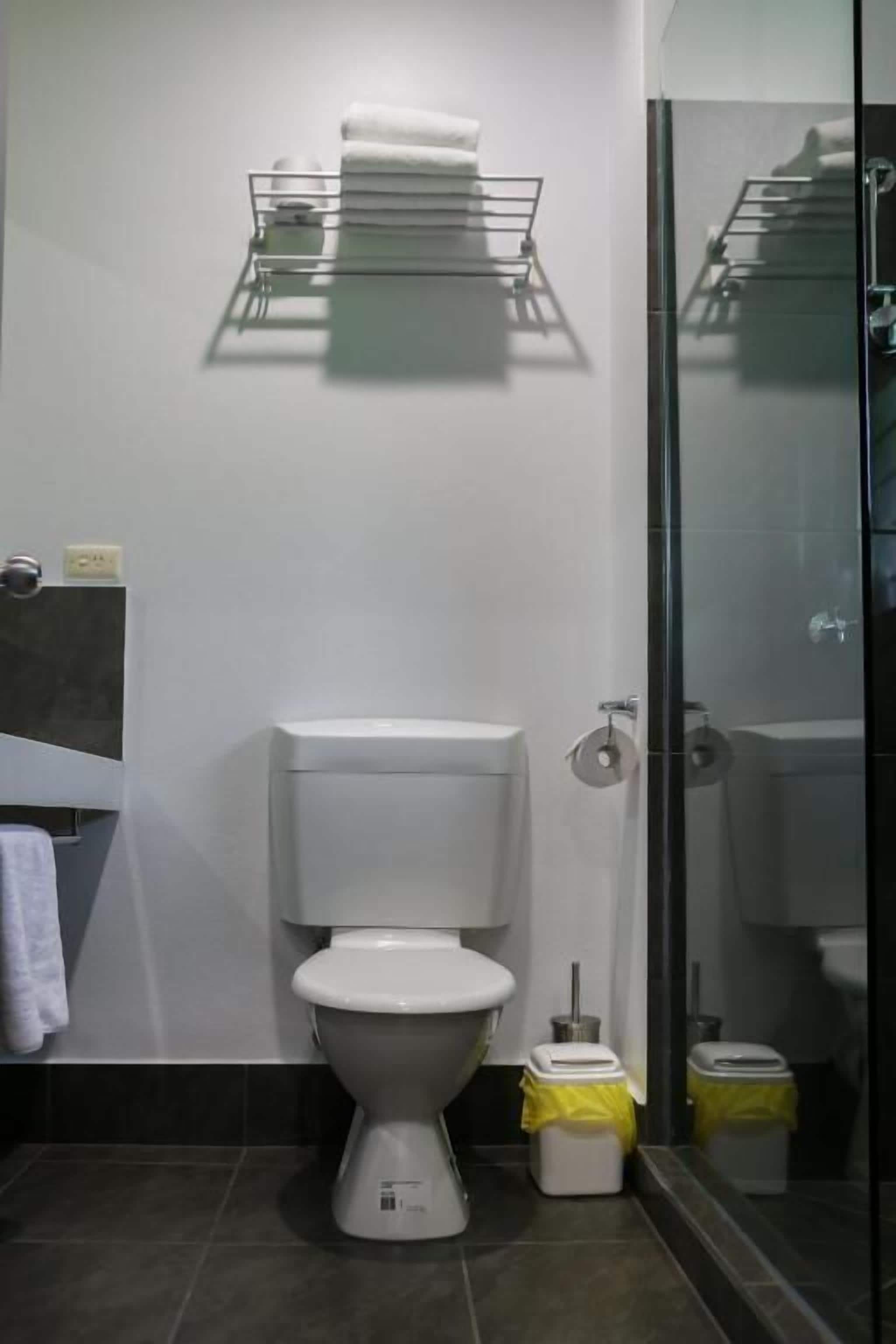 Hydromassage showerhead, free toiletries, hair dryer, towels