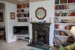 Fernseher, Kamin, Bücher, Drucker