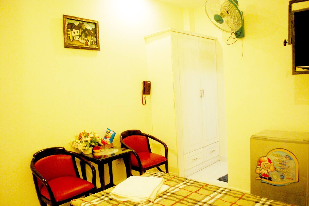 A room with a bed, a table with chairs, a fan, a wardrobe, and a telephone.
