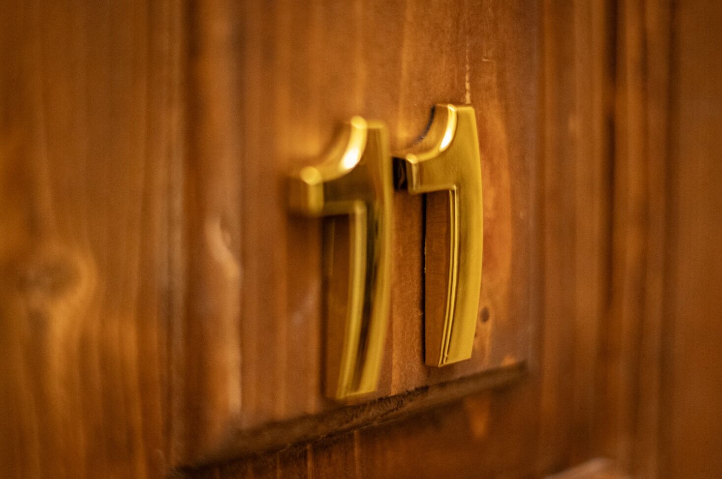 Une porte en bois avec une poignée en laiton et une plaque numérotée en laiton.