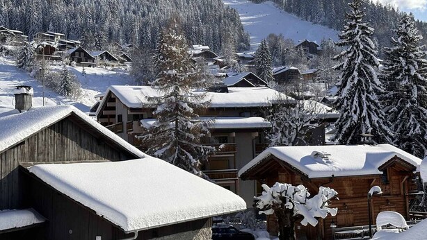 A snow-covered village with wooden buildings and a ski slope in the background. - Renovated 2-Room Ski-In/Ski-Out Unit, Sleeps 6, Near Shops & Services (Les Carroz d'Arâches)