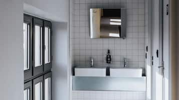 Shower, hair dryer, soap, shampoo