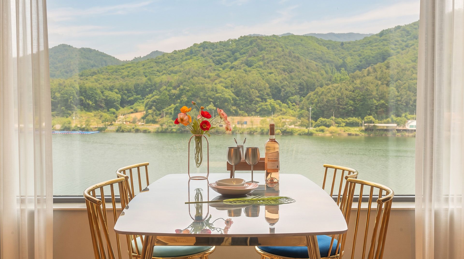 Una mesa de comedor con sillas, un florero con flores, una botella y un tazón.
