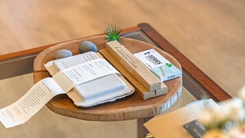 A wooden tray with a toothbrush, toothpaste, and a small plant.