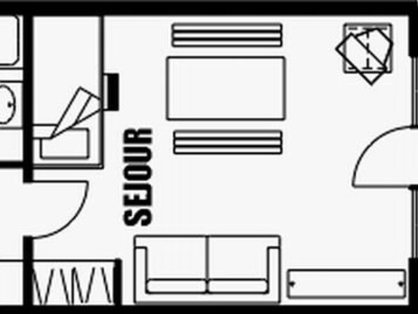 A room layout with a bed, bedside table, lamp, and a window.