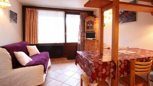 Une pièce confortable avec un canapé, une table à manger et des chaises, un téléviseur et une fenêtre avec des rideaux.